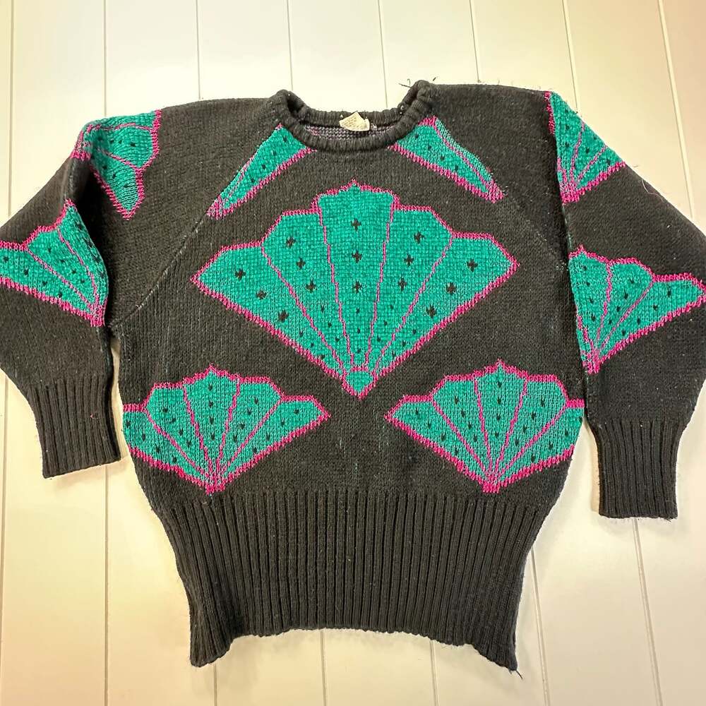 Vintage Semplice Black Emerald Green And Fuchsia Fan Design Italian Sweater